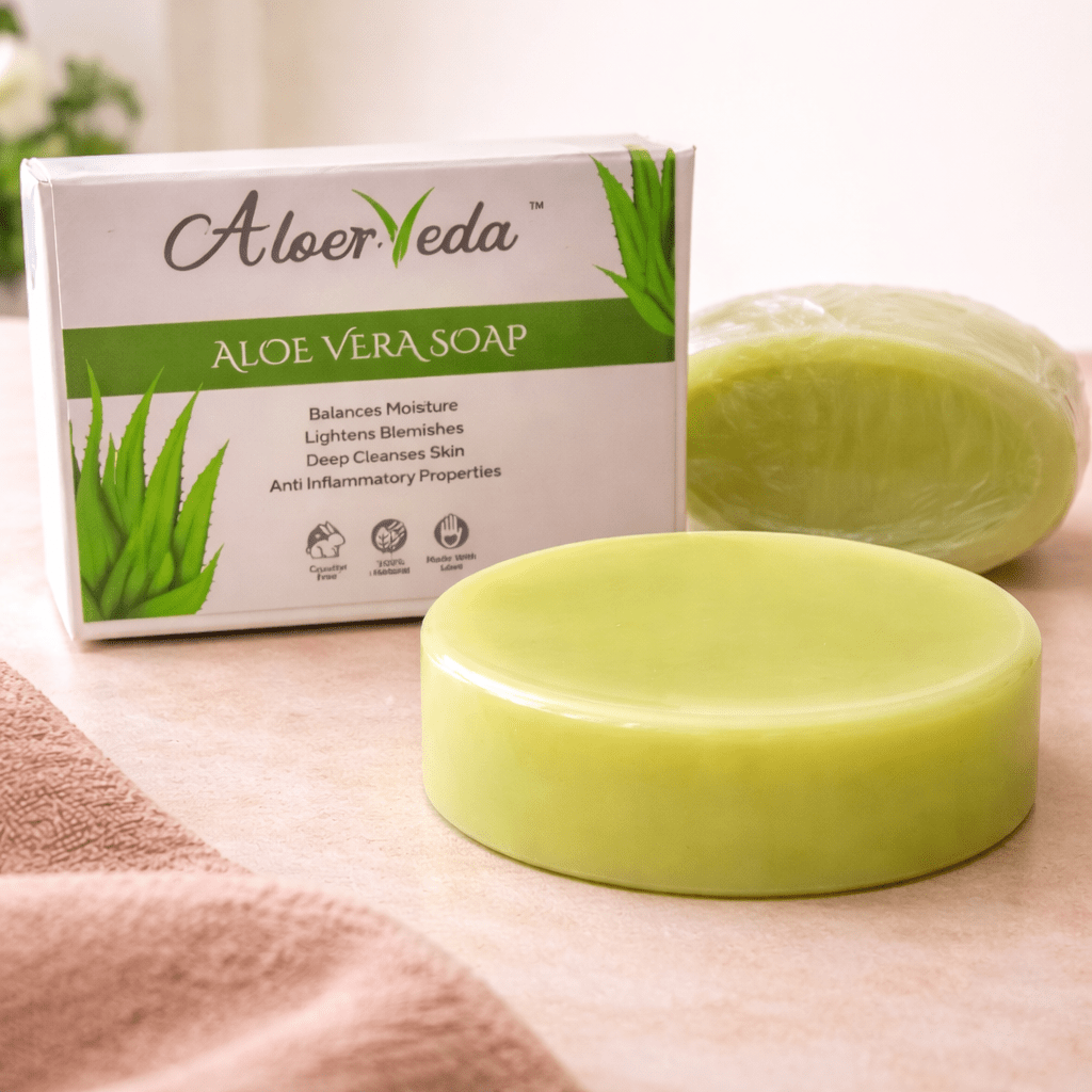 Aloe Vera Soap | Aloer Veda |Balance and Moisture Lightens Blemishes Deep Cleanses Skin| 50 Gm - TIRTHAS