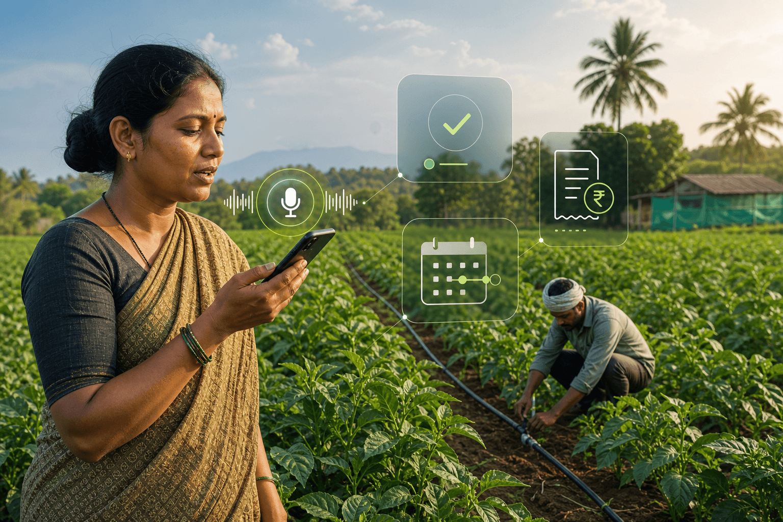 Woman farmer recording a completed irrigation task by voice while field work continues