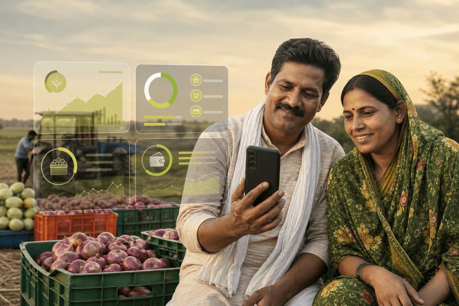 Farming couple reviewing harvest, costs and season performance together on a phone