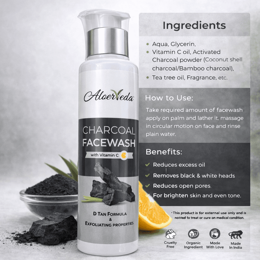 Charcoal Facewash with Vitamin C | Deep Cleansing, De - Tan, Oil Control & Pore Minimizing Face Wash | AloerVeda | 100 ml - TIRTHAS