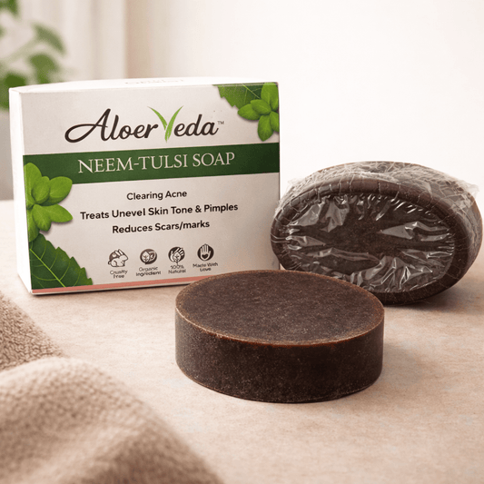 Neem Tulsi Soap | Aloeveda | Clearing Acne Treats Uneven Skin Tone and Pimples Reduces Scares | 50 Gm - TIRTHAS