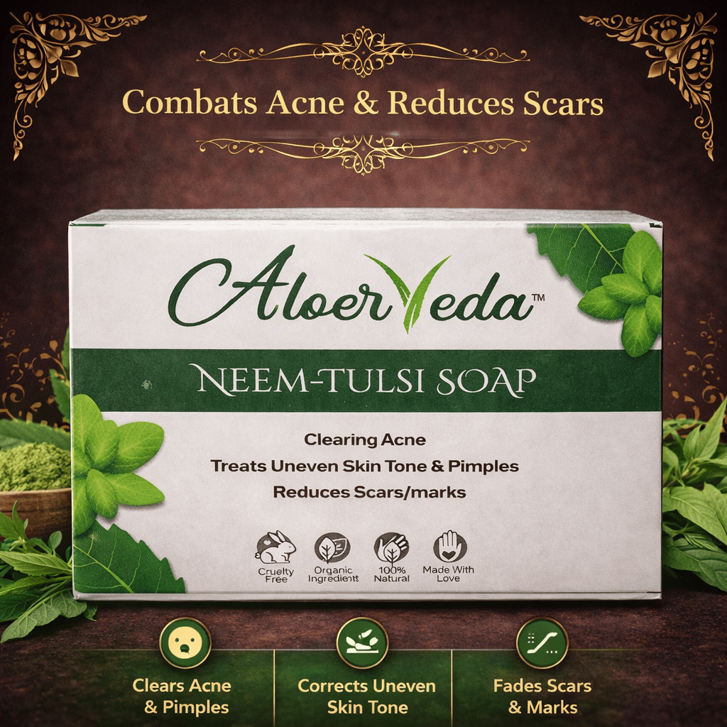 Neem Tulsi Soap | Aloeveda | Clearing Acne Treats Uneven Skin Tone and Pimples Reduces Scares | 50 Gm - TIRTHAS