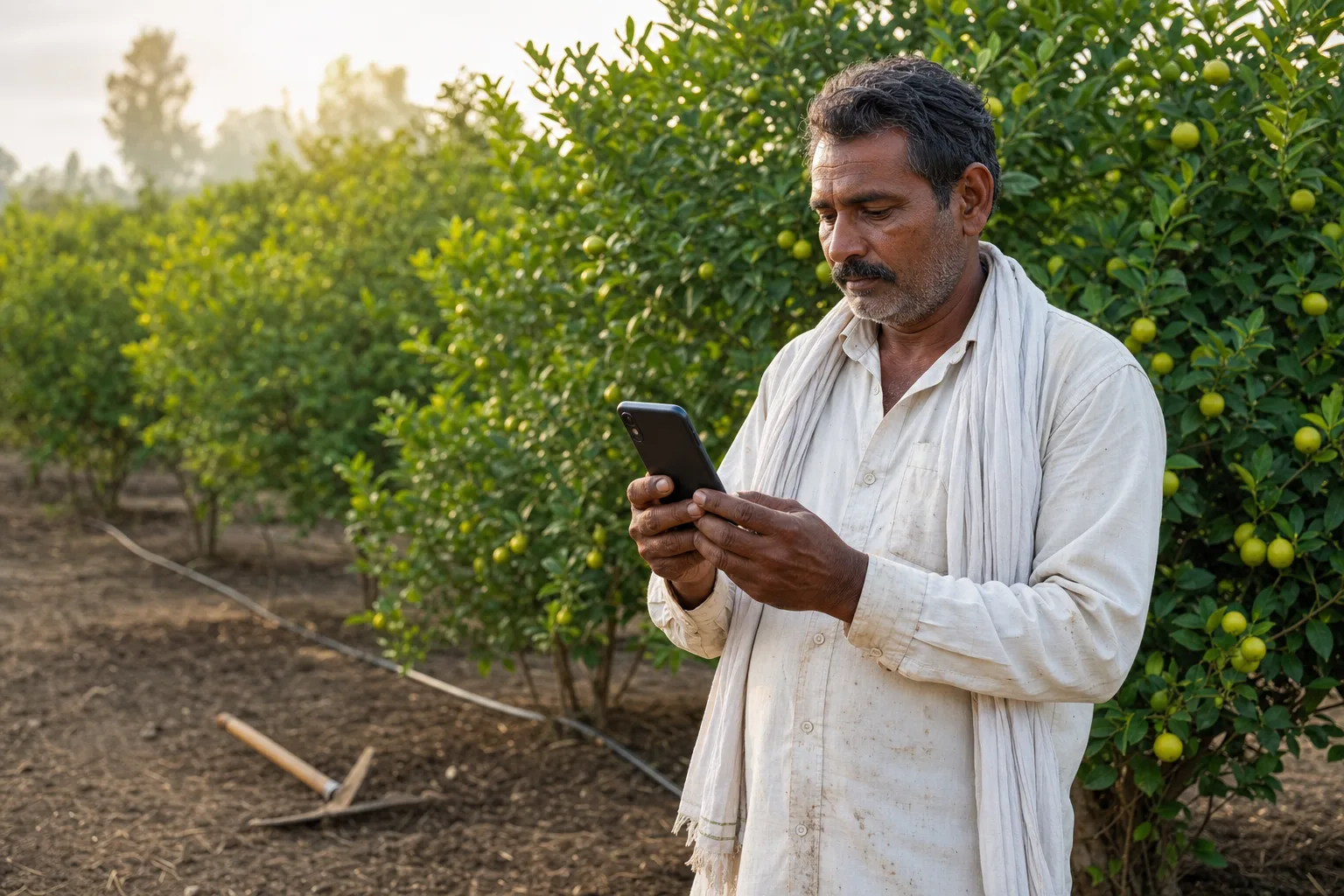A Maharashtra lemon grower reviewing farm activities on a smartphone beside drip-irrigated orchard rows