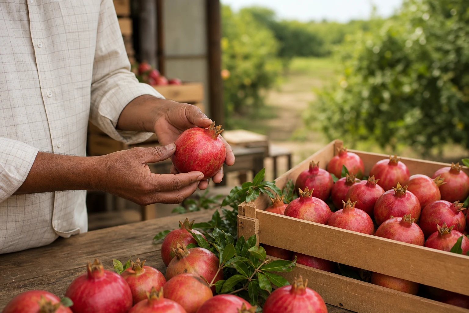 A farmer carefully inspecting fresh pomegranates beside a graded harvest in wooden crates