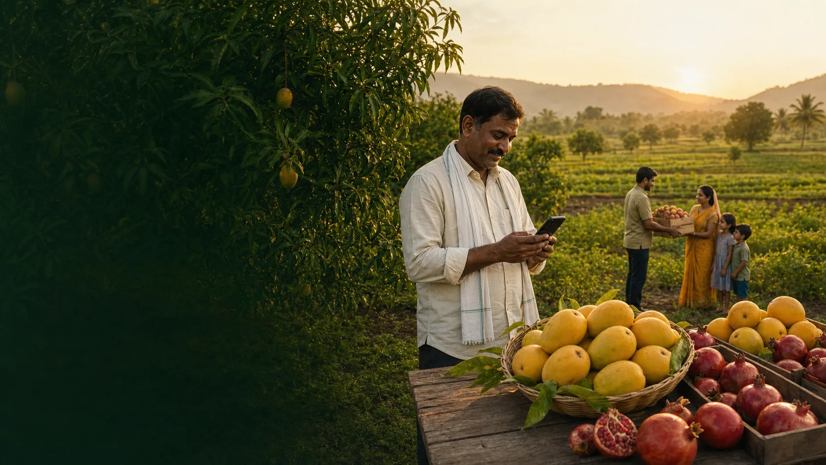 A Maharashtra farmer using farm technology beside a harvest of mangoes and pomegranates